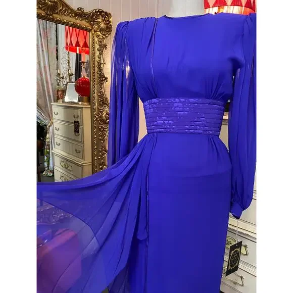 vintage 1980s purple silk dress by wayne clark sheer statement 80s fashion sm 26 - Picture 3 of 11